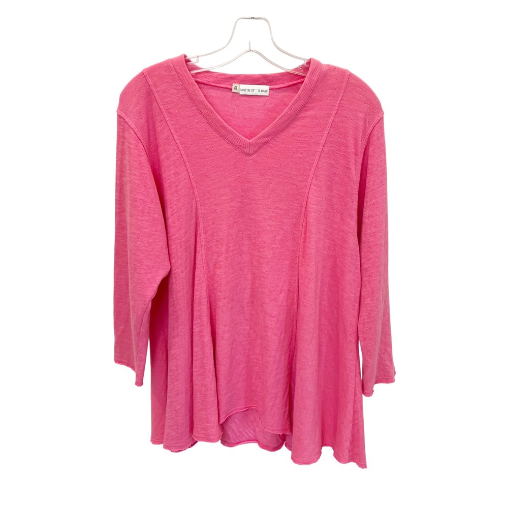 North Star Base Pink V-Neck Long Sleeve Seam Detail Swing Tunic Top Boho Size XS